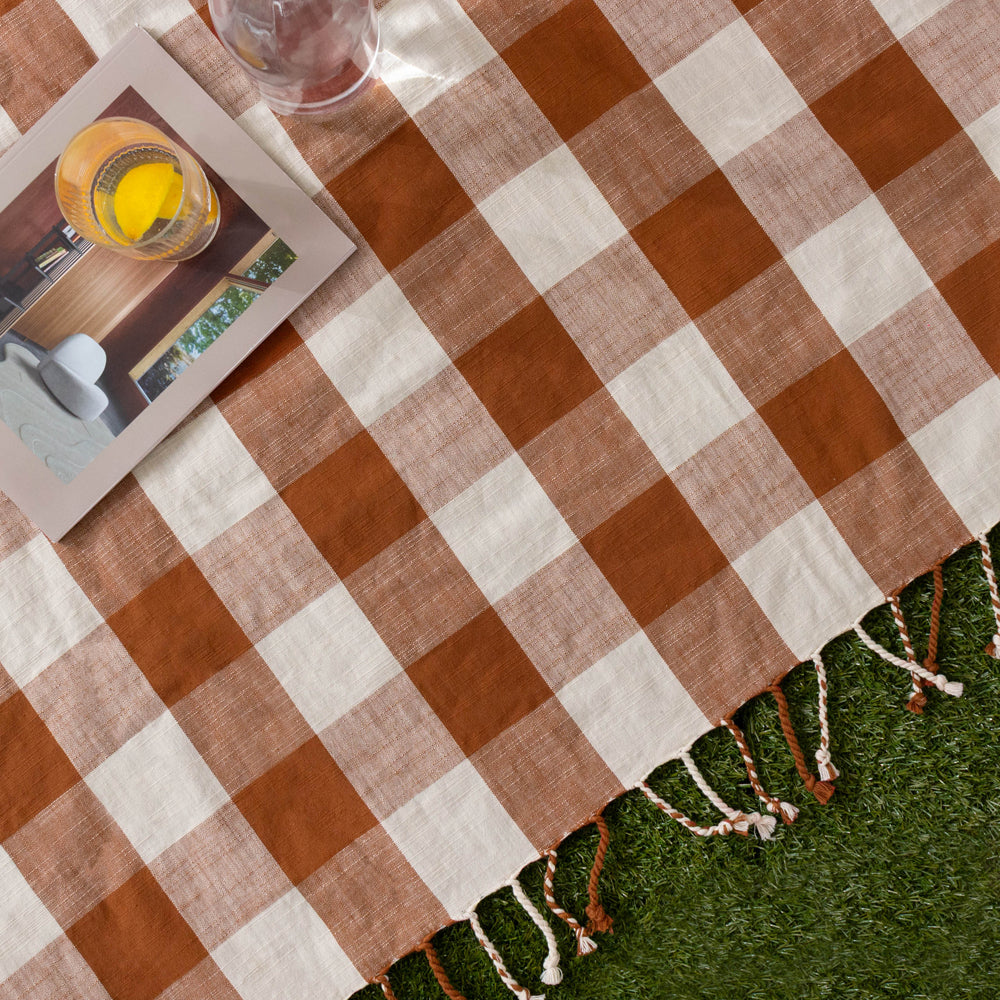 Check Cream Throws - Chesil Check Tasselled 100% Cotton  Throw Pecan Yard