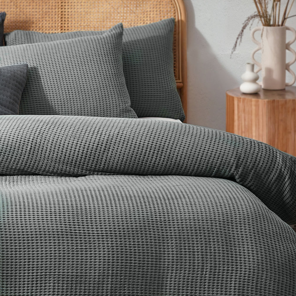 Plain Blue Bedding - Chunky Waffle  Duvet Cover Set Dusk Yard