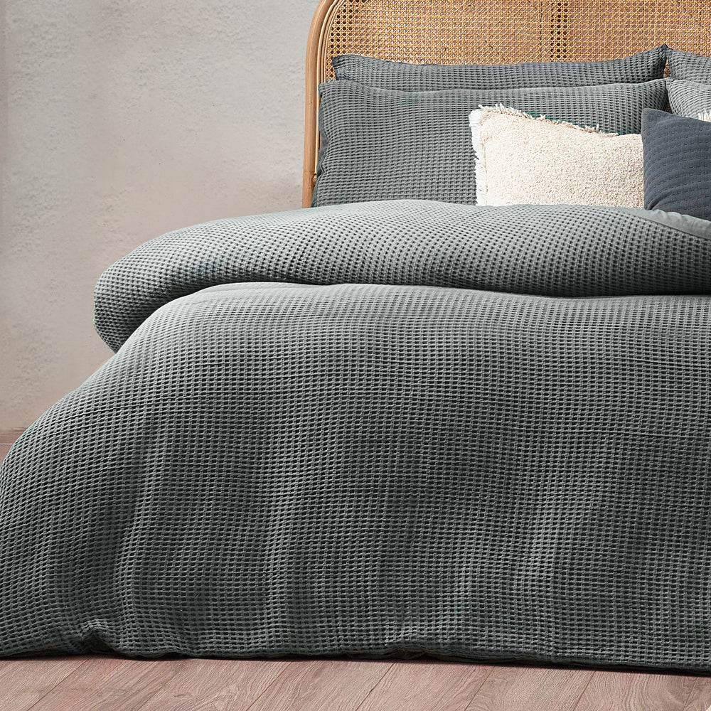 Plain Blue Bedding - Chunky Waffle  Duvet Cover Set Dusk Yard