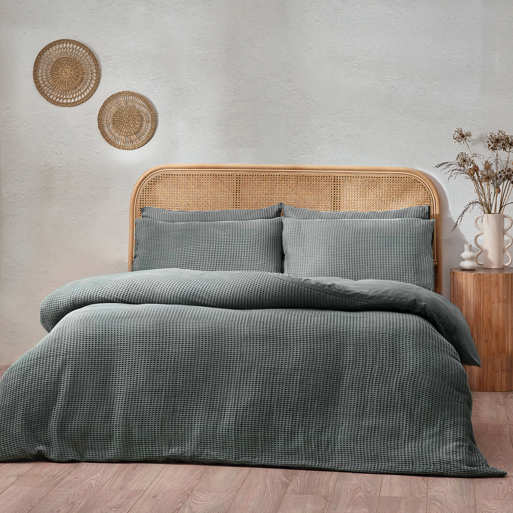 Plain Blue Bedding - Chunky Waffle  Duvet Cover Set Dusk Yard