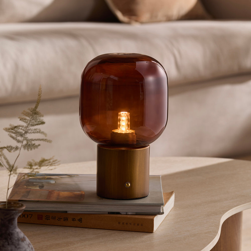 Plain Brown Lighting - Elgin Rechargeable Table Lamp Amber Glass/Aged Brass Yard