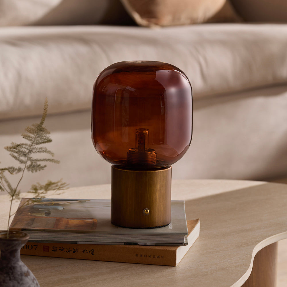 Plain Brown Lighting - Elgin Rechargeable Table Lamp Amber Glass/Aged Brass Yard