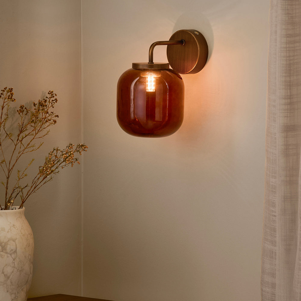 Plain Brown Lighting - Elgin Rechargeable Wall Light Amber Glass/Aged Brass Yard