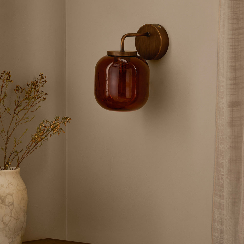Plain Brown Lighting - Elgin Rechargeable Wall Light Amber Glass/Aged Brass Yard