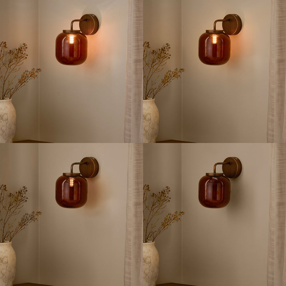Plain Brown Lighting - Elgin Rechargeable Wall Light Amber Glass/Aged Brass Yard