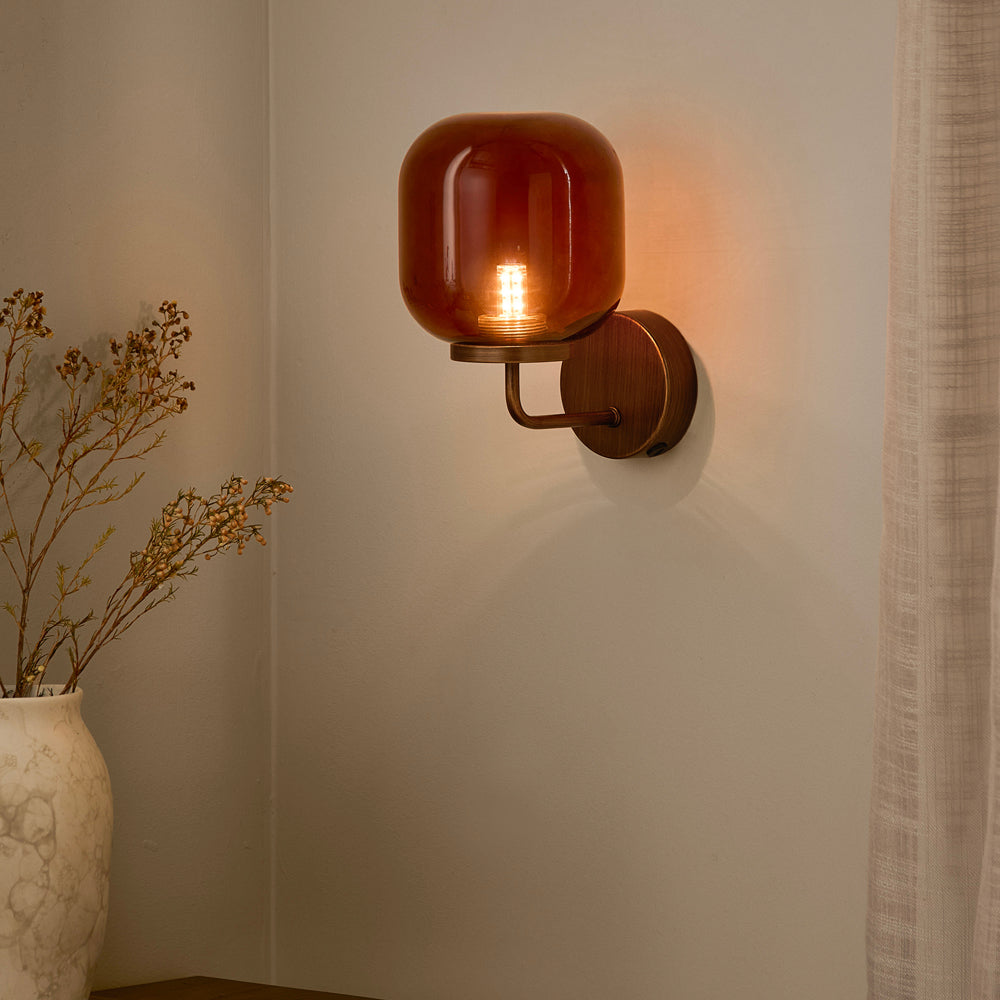 Plain Brown Lighting - Elgin Rechargeable Wall Light Amber Glass/Aged Brass Yard
