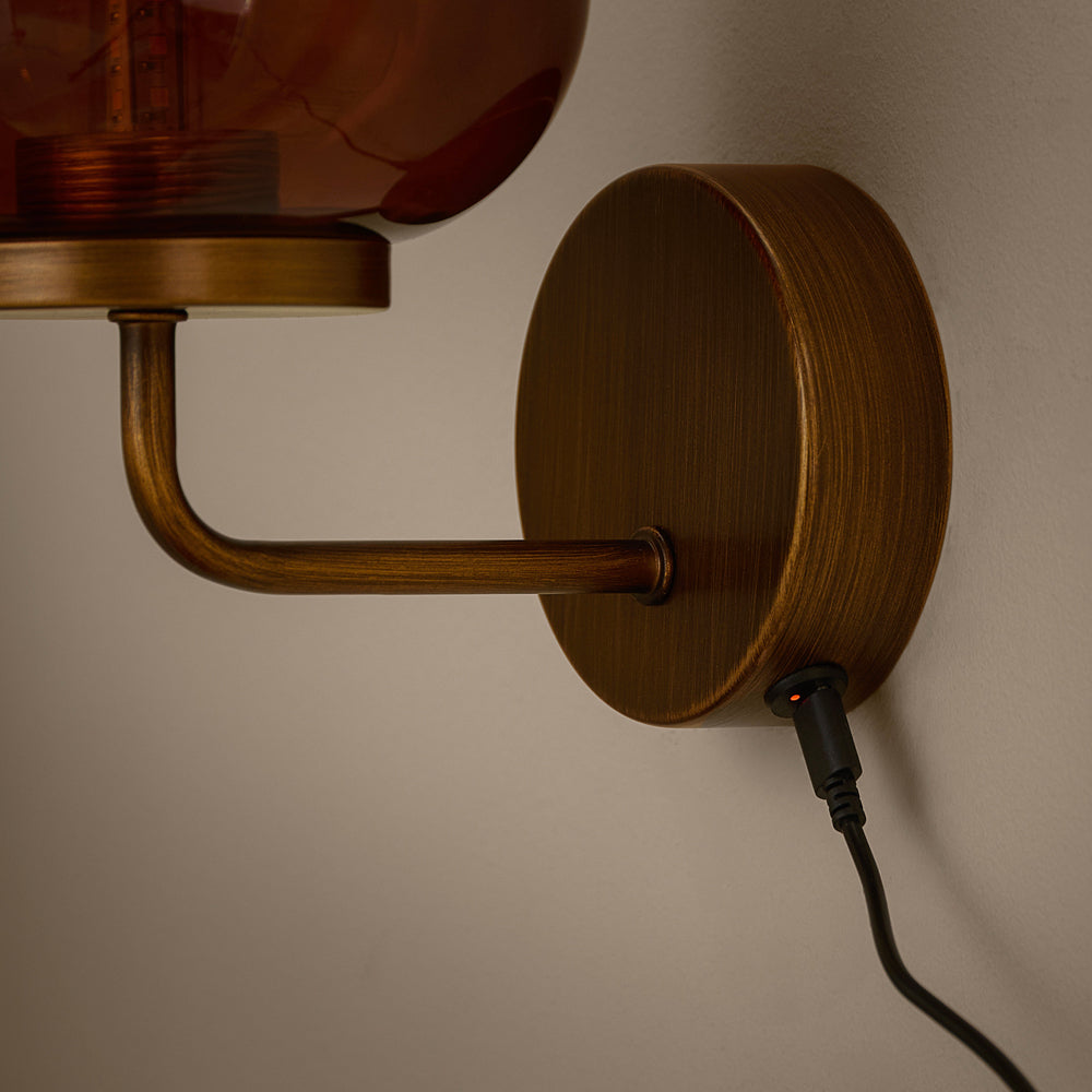 Plain Brown Lighting - Elgin Rechargeable Wall Light Amber Glass/Aged Brass Yard