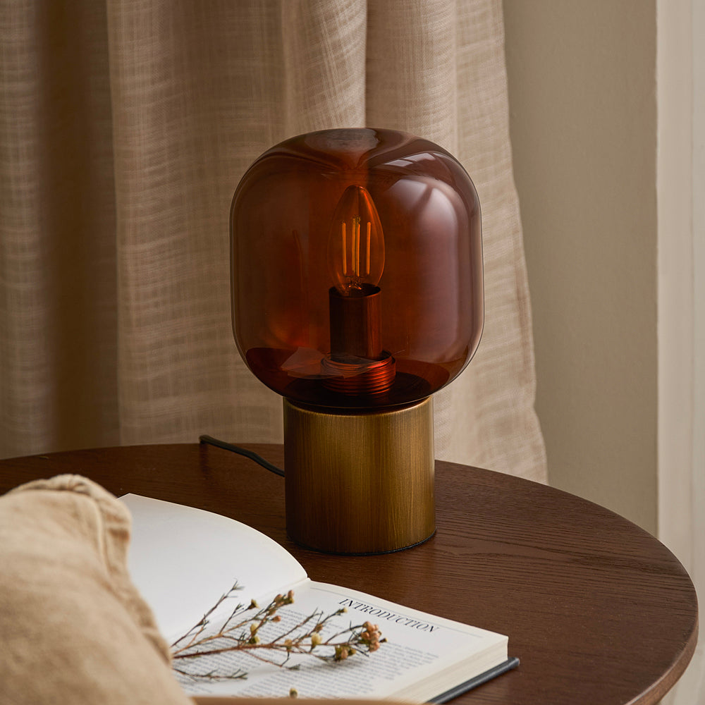 Plain Brown Lighting - Elgin Wired Table Lamp Amber Glass/Aged Brass Yard