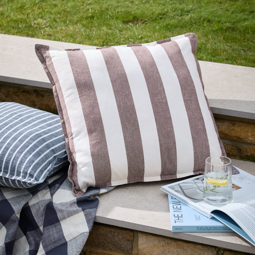 Striped Brown Cushions - Hayle 100% Cotton Outdoor Polyester Filled Cushion Chocolate Yard
