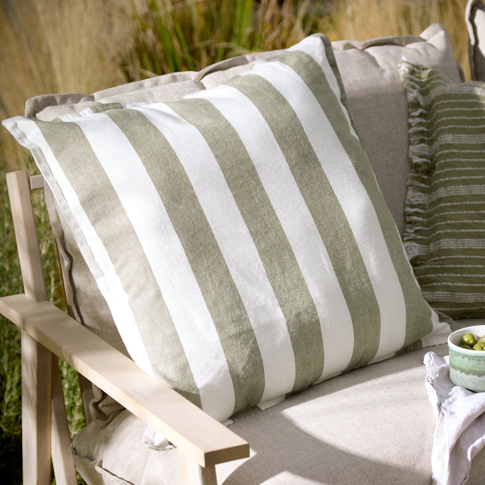 Striped Green Cushions - Hayle 100% Cotton Outdoor Polyester Filled Cushion Lichen Yard