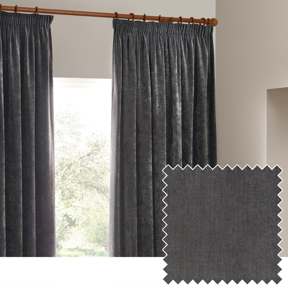 Plain Grey Curtains - Heavy Chenille Blackout Pencil Pleat Curtains Charcoal Yard