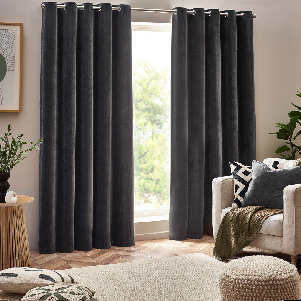 Plain Grey Curtains - Heavy Chenille Blackout Eyelet Curtains Charcoal Yard