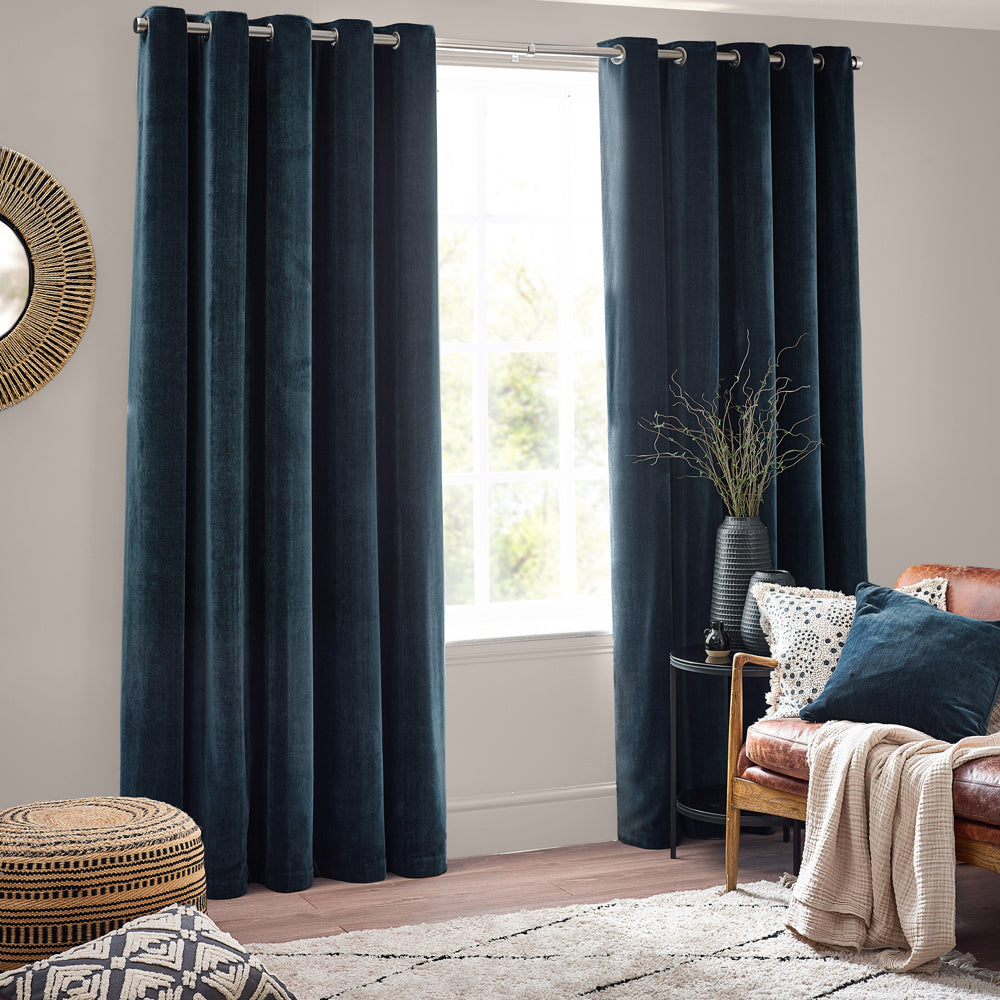 Plain Blue Curtains - Heavy Chenille Blackout Eyelet Curtains Navy Yard