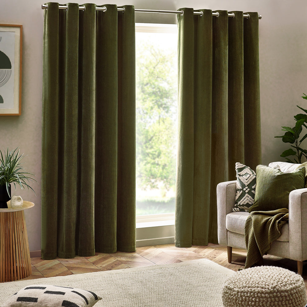 Plain Green Curtains - Heavy Chenille Blackout Eyelet Curtains Olive Yard