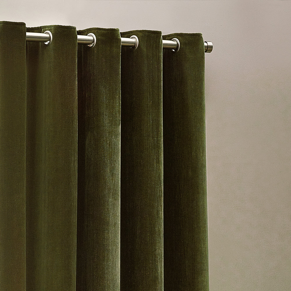 Plain Green Curtains - Heavy Chenille Blackout Eyelet Curtains Olive Yard