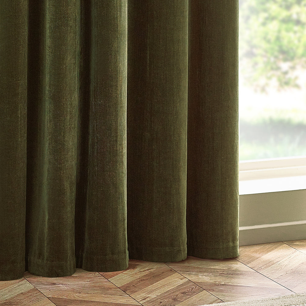 Plain Green Curtains - Heavy Chenille Blackout Eyelet Curtains Olive Yard