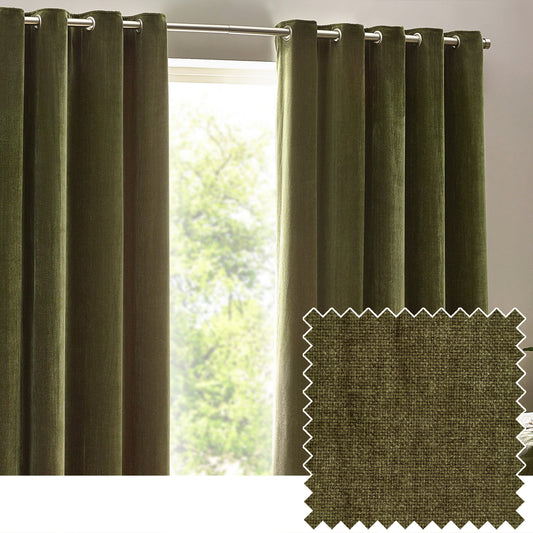 Plain Green Curtains - Heavy Chenille Blackout Eyelet Curtains Olive Yard