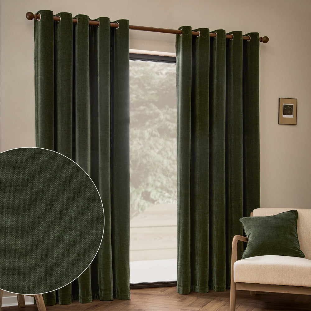 Plain Green Curtains - Heavy Chenille Fully Lined Eyelet Curtains Lichen Yard