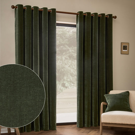 Plain Green Curtains - Heavy Chenille Fully Lined Eyelet Curtains Lichen Yard