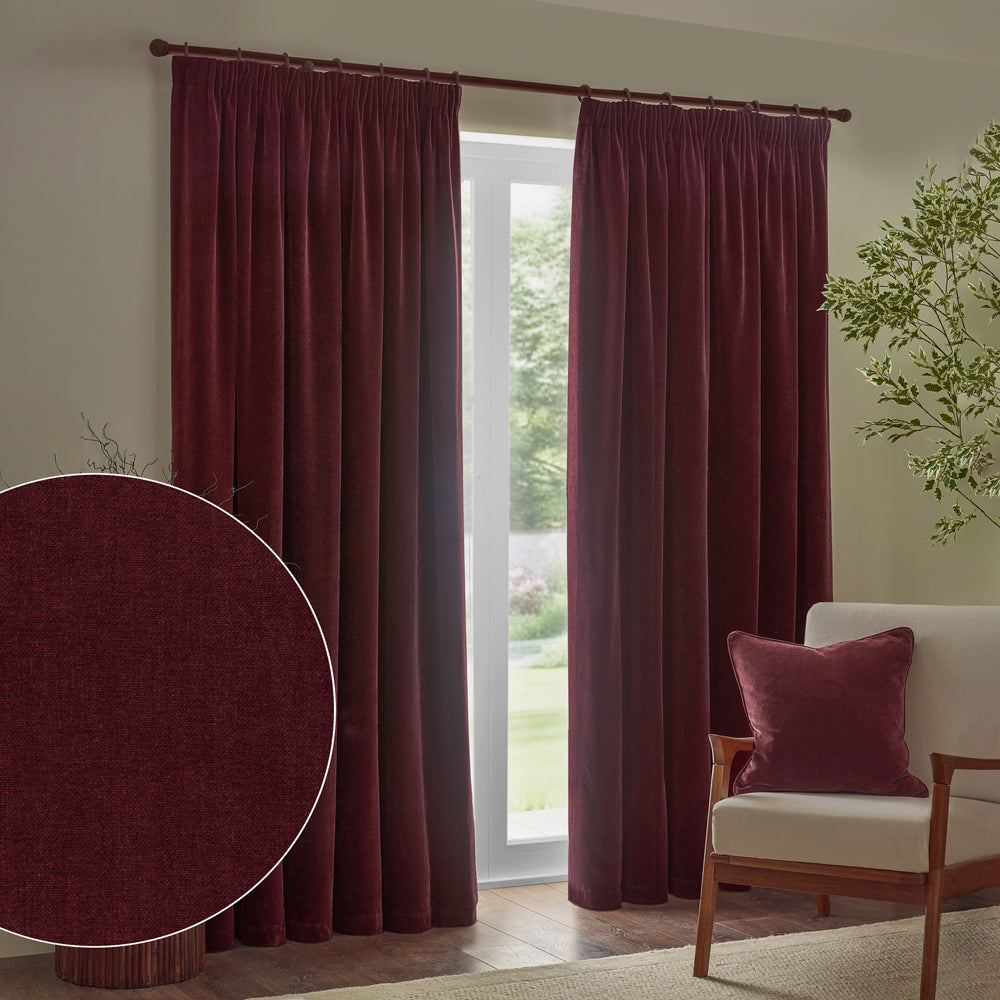 Plain Red Curtains  - Heavy Chenille Fully Lined Velvet Pencil Pleat Curtains Beetroot Yard