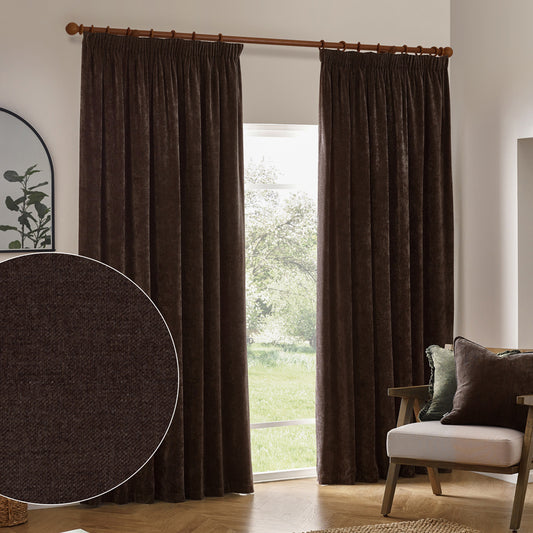 Plain Brown Curtains - Heavy Chenille Fully Lined Velvet Pencil Pleat Curtains Brown Yard