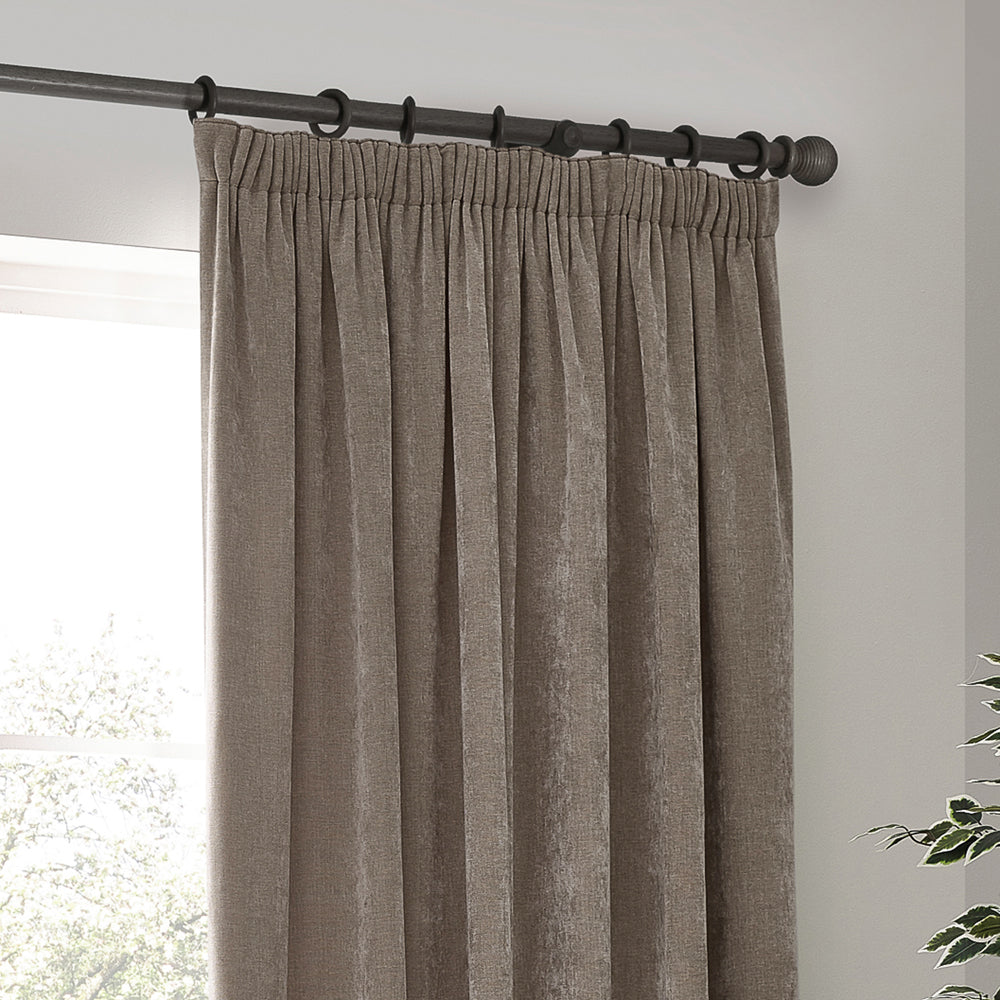 Plain Grey Curtains - Heavy Chenille Fully Lined Velvet Pencil Pleat Curtains Greige Yard