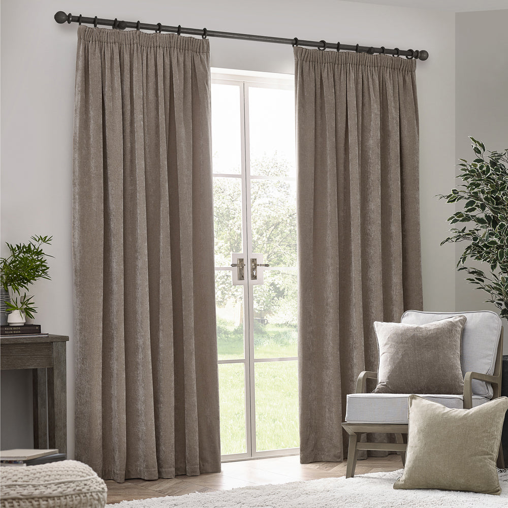 Plain Grey Curtains - Heavy Chenille Fully Lined Velvet Pencil Pleat Curtains Greige Yard