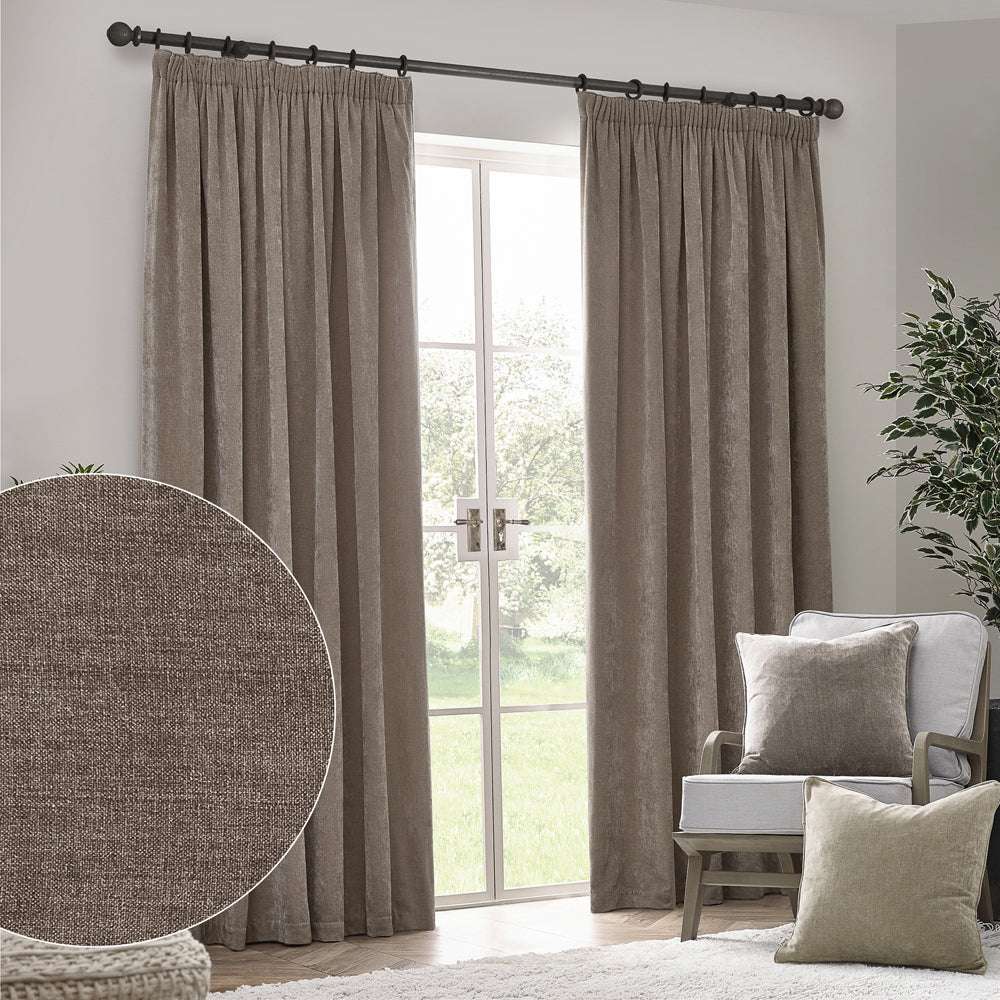 Plain Grey Curtains - Heavy Chenille Fully Lined Velvet Pencil Pleat Curtains Greige Yard