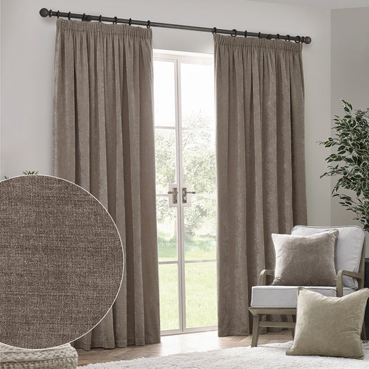 Plain Grey Curtains - Heavy Chenille Fully Lined Velvet Pencil Pleat Curtains Greige Yard