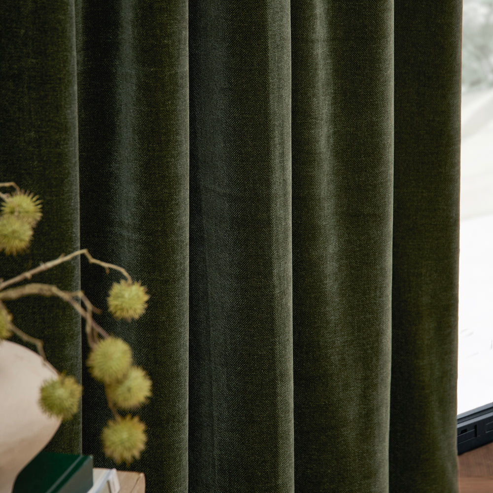 Plain Green Curtains - Heavy Chenille Fully Lined Pencil Pleat Curtains Lichen Yard