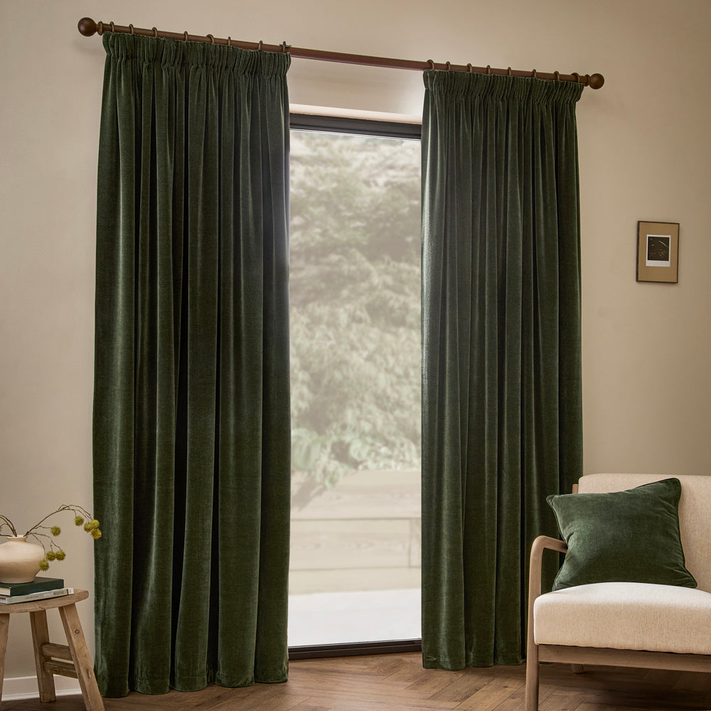Plain Green Curtains - Heavy Chenille Fully Lined Pencil Pleat Curtains Lichen Yard