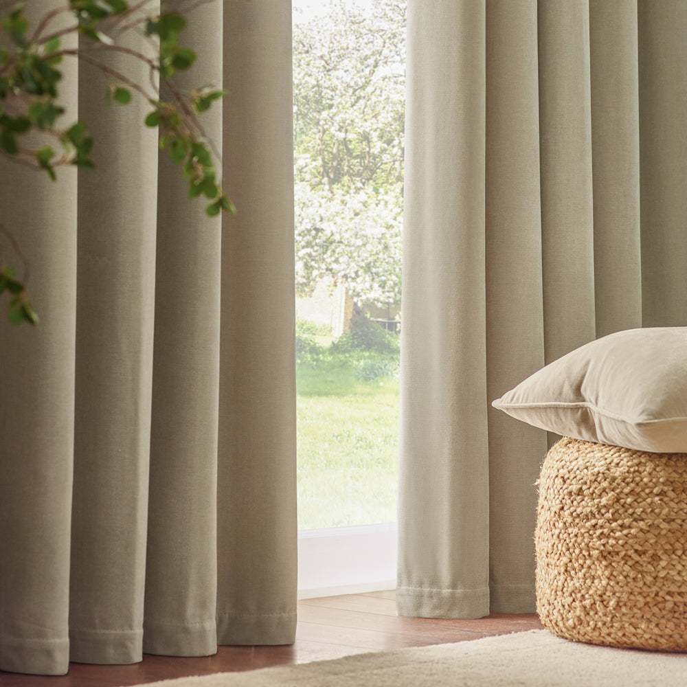 Plain Beige Curtains  - Heavy Chenille Fully Lined Velvet Pencil Pleat Curtains Linen Yard