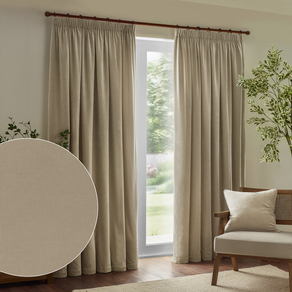 Plain Beige Curtains  - Heavy Chenille Fully Lined Velvet Pencil Pleat Curtains Linen Yard