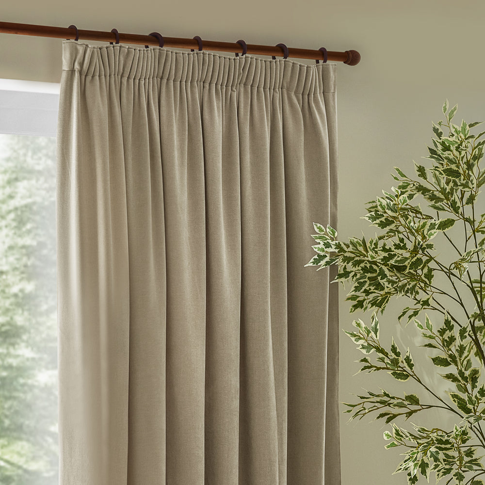 Plain Beige Curtains  - Heavy Chenille Fully Lined Velvet Pencil Pleat Curtains Linen Yard