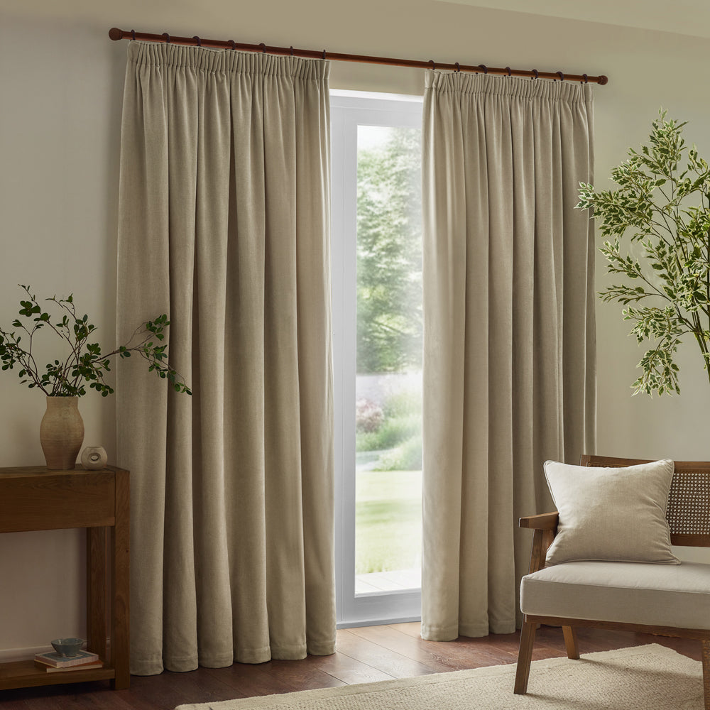 Plain Beige Curtains  - Heavy Chenille Fully Lined Velvet Pencil Pleat Curtains Linen Yard