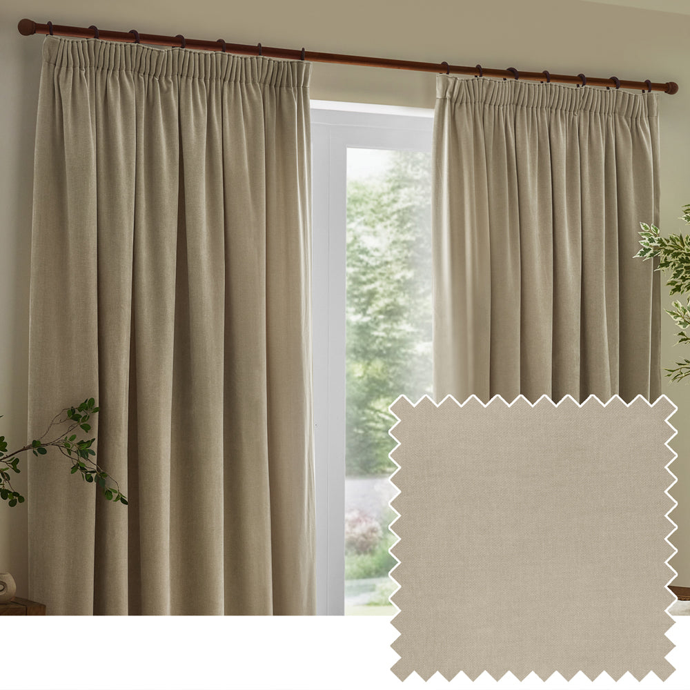 Plain Beige Curtains  - Heavy Chenille Fully Lined Velvet Pencil Pleat Curtains Linen Yard