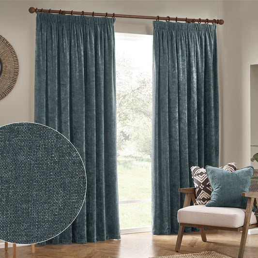 Plain Blue Curtains - Heavy Chenille Fully Lined Velvet Pencil Pleat Curtains Marine Yard