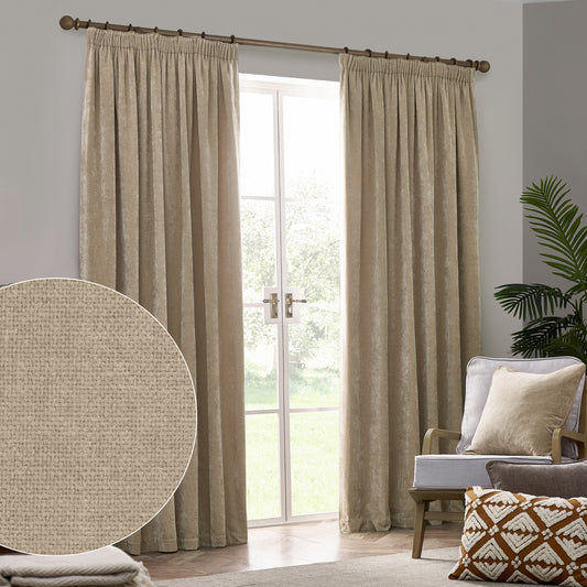 Plain Beige Curtains - Heavy Chenille Fully Lined Velvet Pencil Pleat Curtains Natural Yard