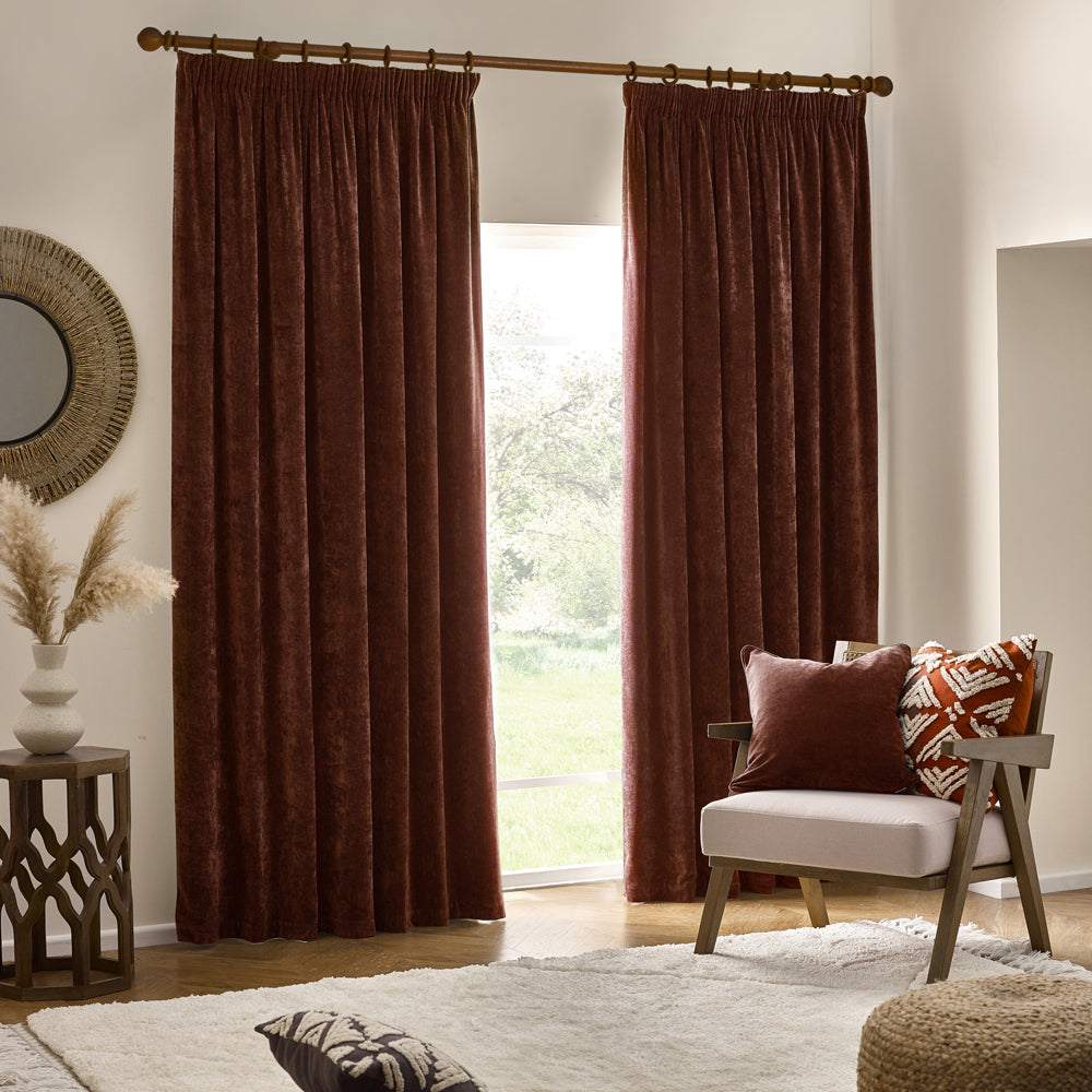 Plain Red Curtains - Heavy Chenille Fully Lined Velvet Pencil Pleat Curtains Nutmeg Yard