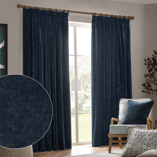 Plain Blue Curtains - Heavy Chenille Fully Lined Velvet Pencil Pleat Curtains Navy Yard