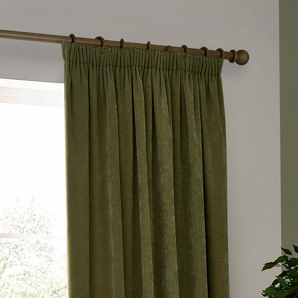 Plain Green Curtains - Heavy Chenille Fully Lined Velvet Pencil Pleat Curtains Olive Yard