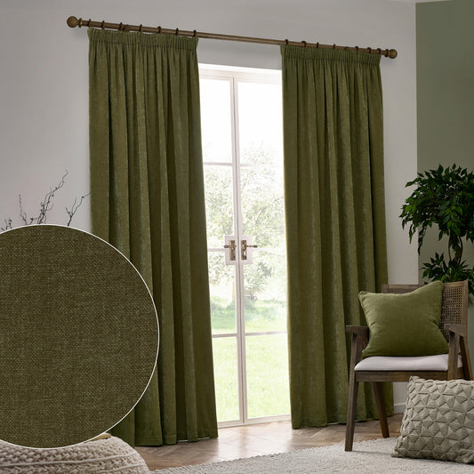 Plain Green Curtains - Heavy Chenille Fully Lined Velvet Pencil Pleat Curtains Olive Yard
