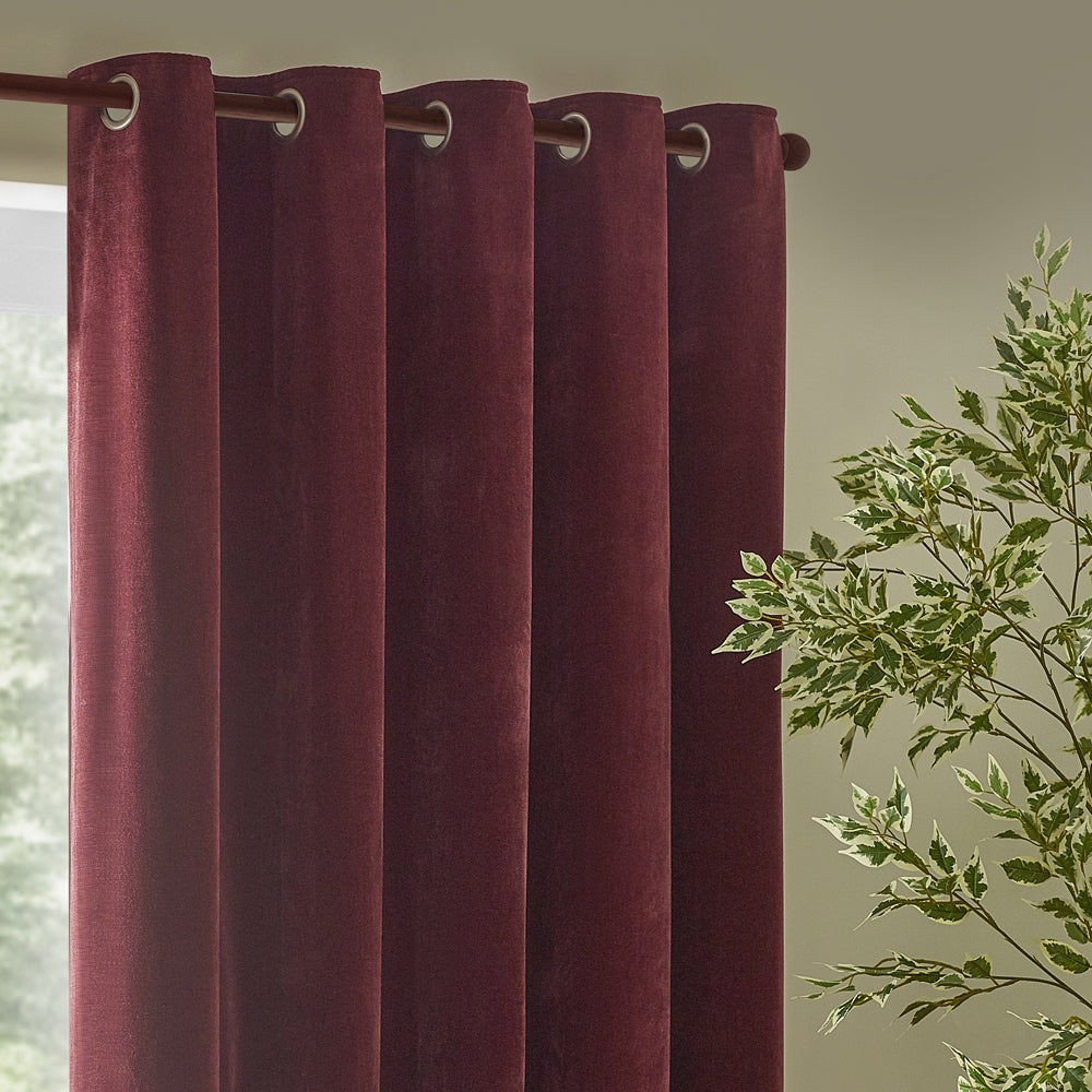 Plain Red Curtains  - Heavy Chenille Fully Lined Velvet Eyelet Curtains Beetroot Yard