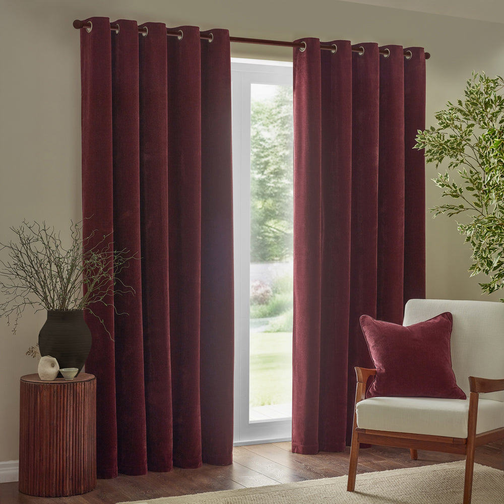 Plain Red Curtains  - Heavy Chenille Fully Lined Velvet Eyelet Curtains Beetroot Yard
