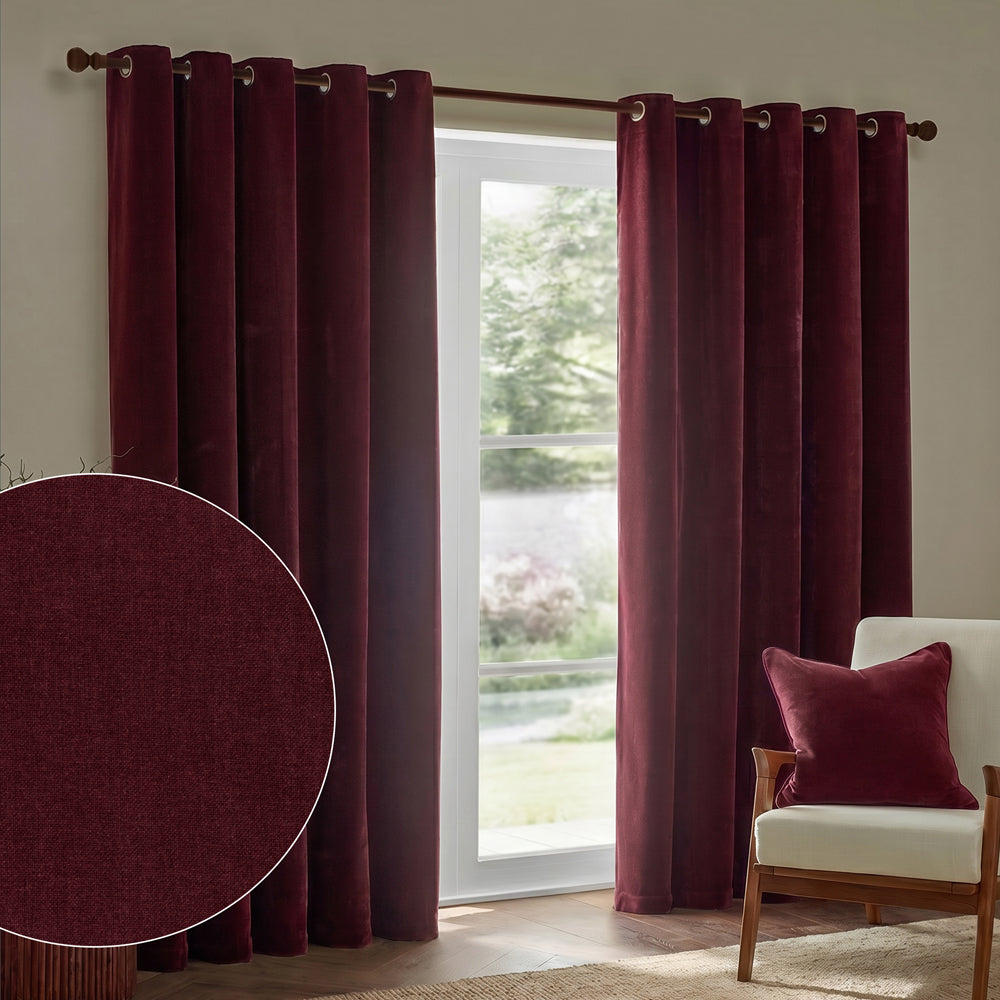 Plain Red Curtains  - Heavy Chenille Fully Lined Velvet Eyelet Curtains Beetroot Yard