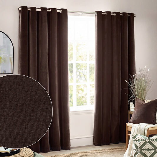Plain Brown Curtains - Heavy Chenille Fully Lined Velvet Eyelet Curtains Brown Yard