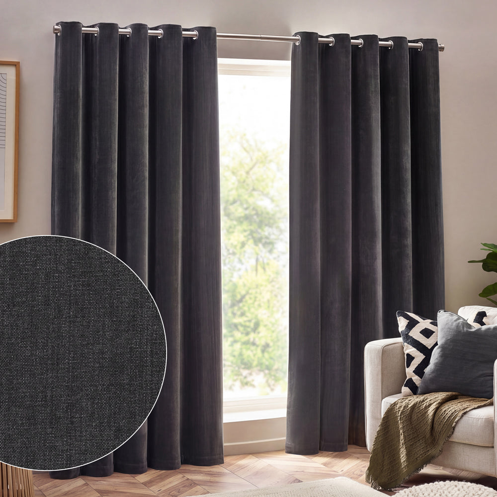 Plain Grey Curtains - Heavy Chenille Fully Lined Velvet Eyelet Curtains Charcoal Yard