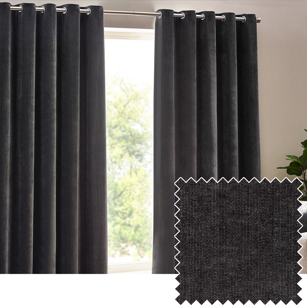 Plain Grey Curtains - Heavy Chenille Fully Lined Velvet Eyelet Curtains Charcoal Yard