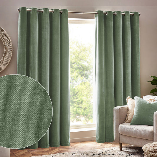 Plain Green Curtains - Heavy Chenille Fully Lined Velvet Eyelet Curtains Eucalyptus Yard