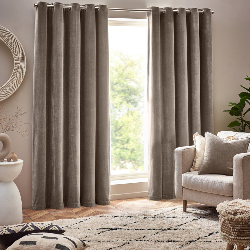 Plain Beige Curtains - Heavy Chenille Fully Lined Velvet Eyelet Curtains Greige Yard